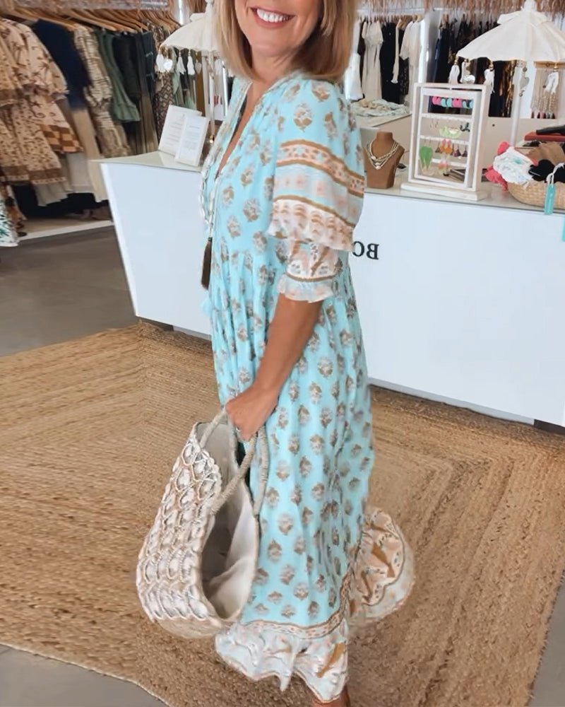 MANA | ELEGANT V-NECK FLORAL MIDI DRESS