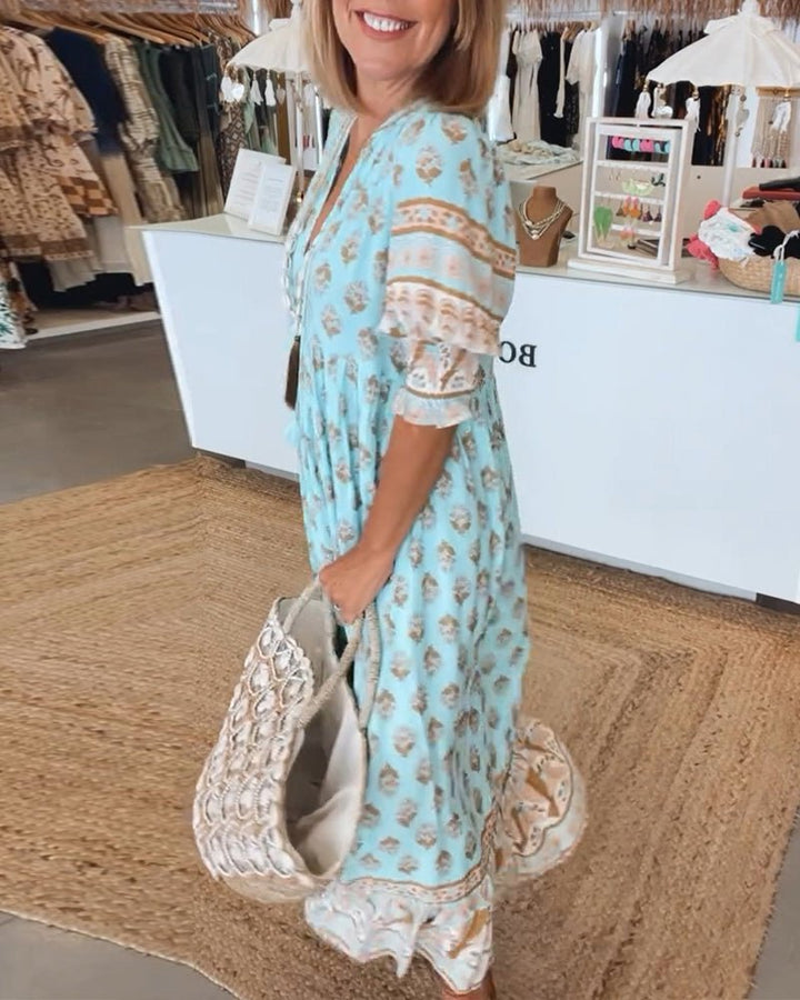 MANA | ELEGANT V-NECK FLORAL MIDI DRESS