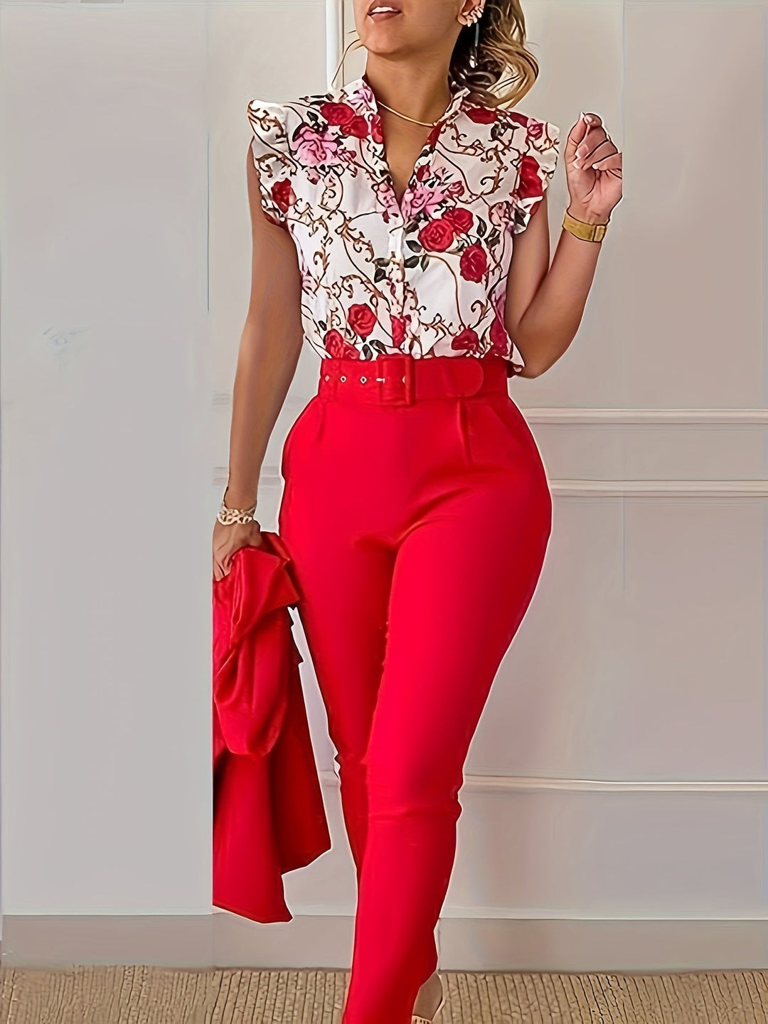Florabel - Chic Ruffled Sleeve Ensemble