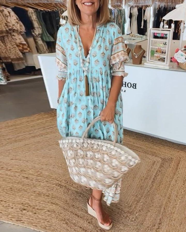 MANA | ELEGANT V-NECK FLORAL MIDI DRESS