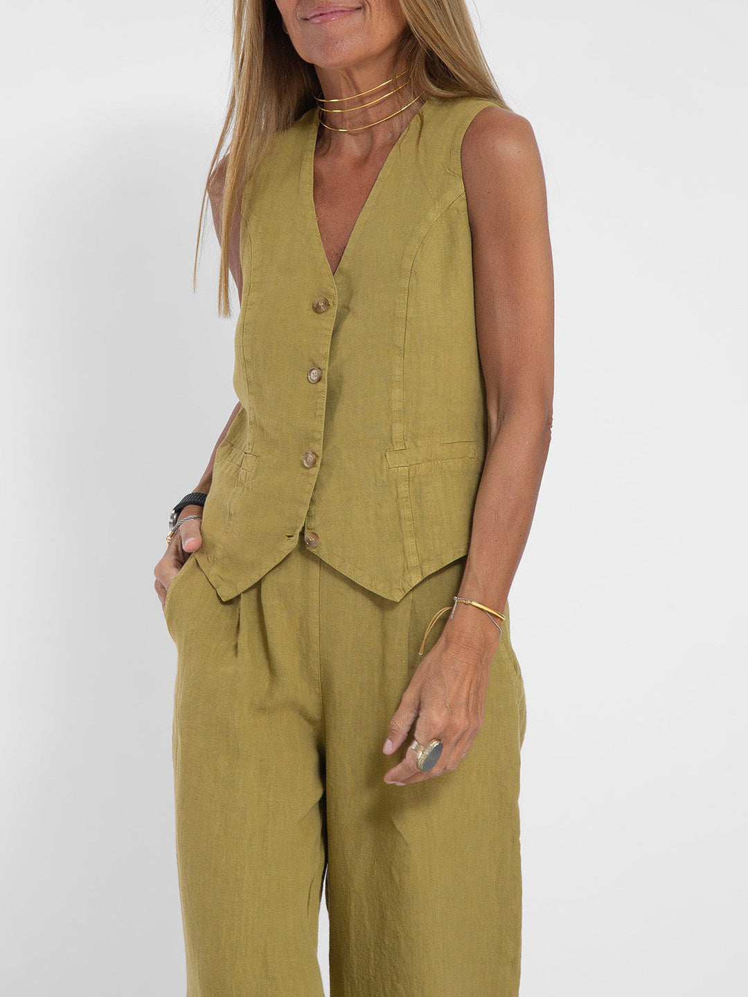 Aira - Tailored Waistcoat with Button Detail & Wide-Leg Trousers