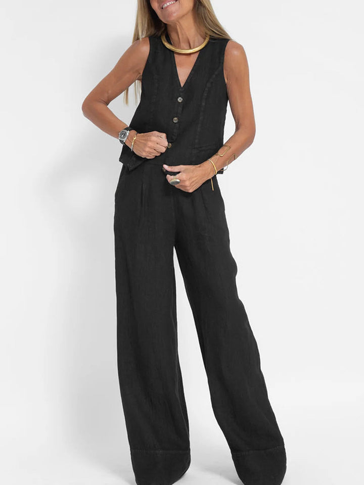Aira - Tailored Waistcoat with Button Detail & Wide-Leg Trousers