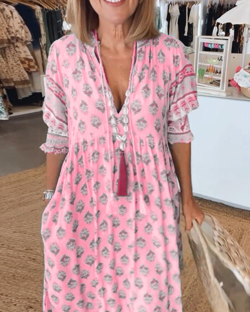 MANA | ELEGANT V-NECK FLORAL MIDI DRESS