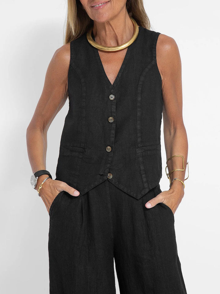 Aira - Tailored Waistcoat with Button Detail & Wide-Leg Trousers