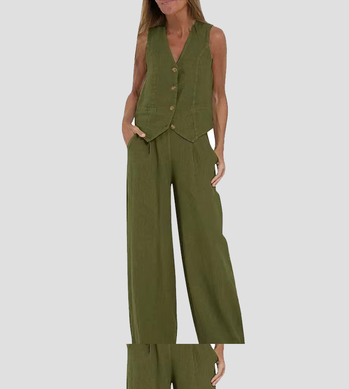 Aira - Tailored Waistcoat with Button Detail & Wide-Leg Trousers