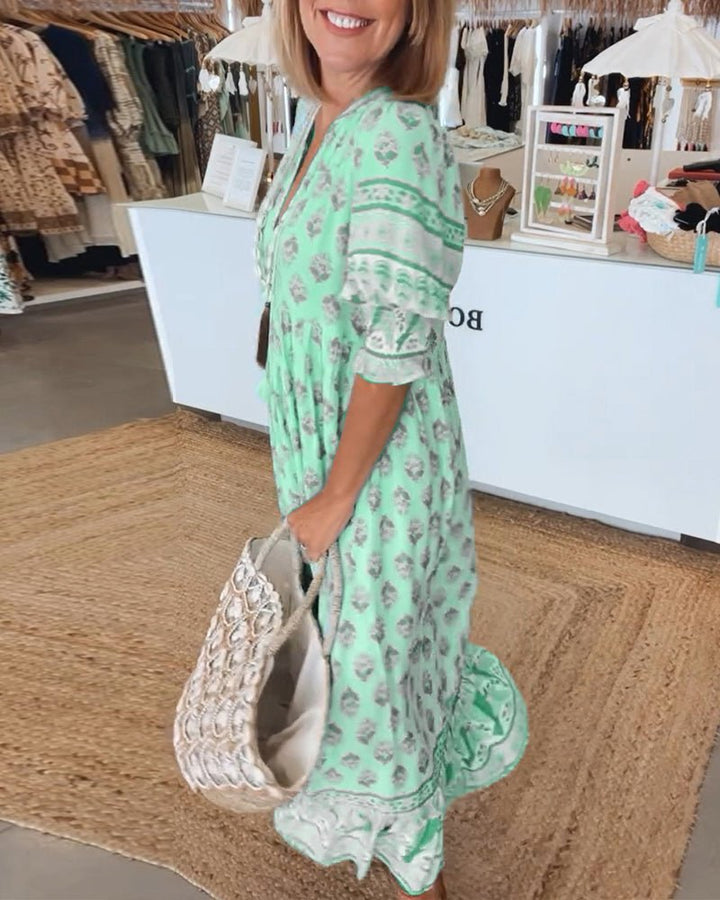 MANA | ELEGANT V-NECK FLORAL MIDI DRESS