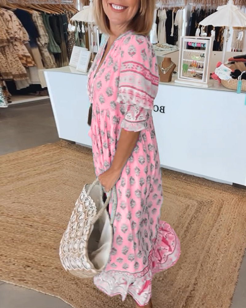 MANA | ELEGANT V-NECK FLORAL MIDI DRESS