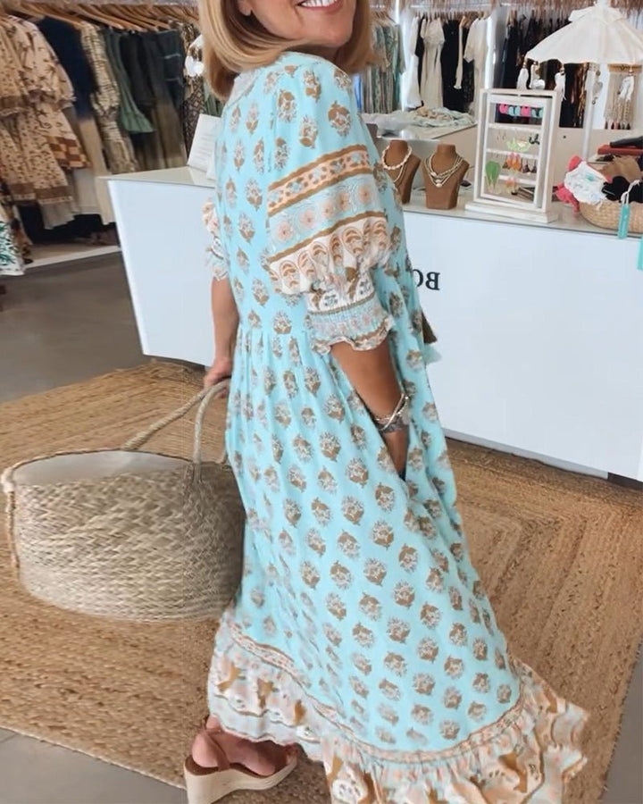 MANA | ELEGANT V-NECK FLORAL MIDI DRESS