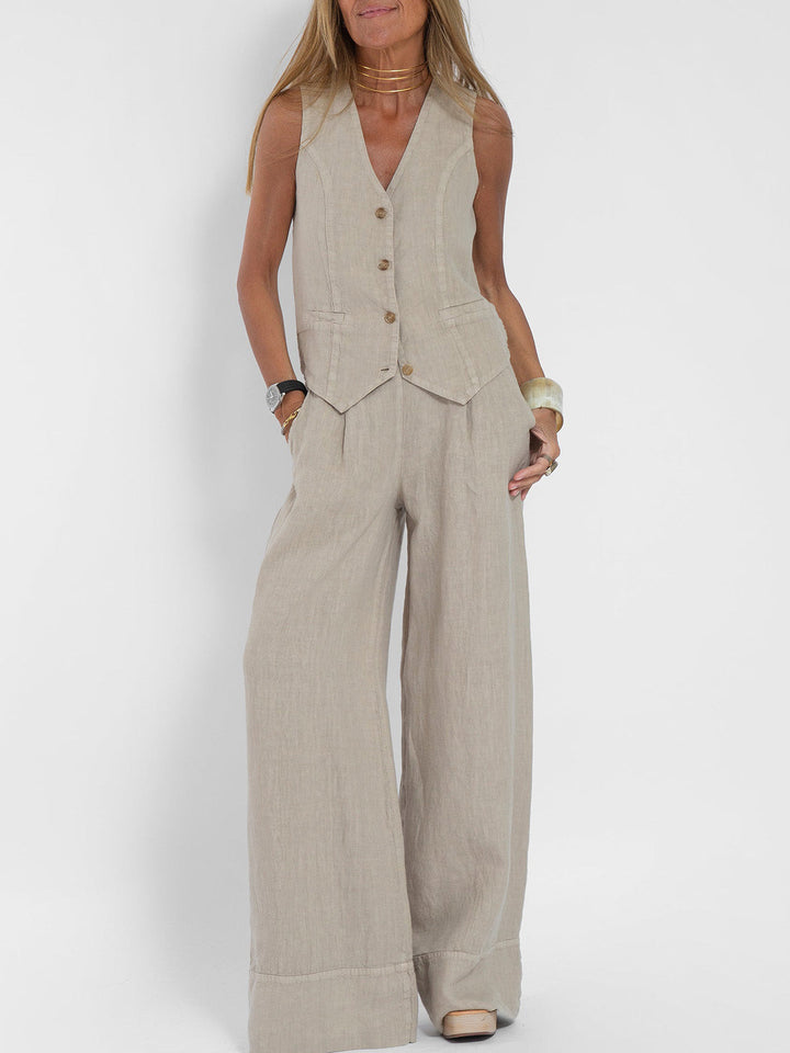 Aira - Tailored Waistcoat with Button Detail & Wide-Leg Trousers