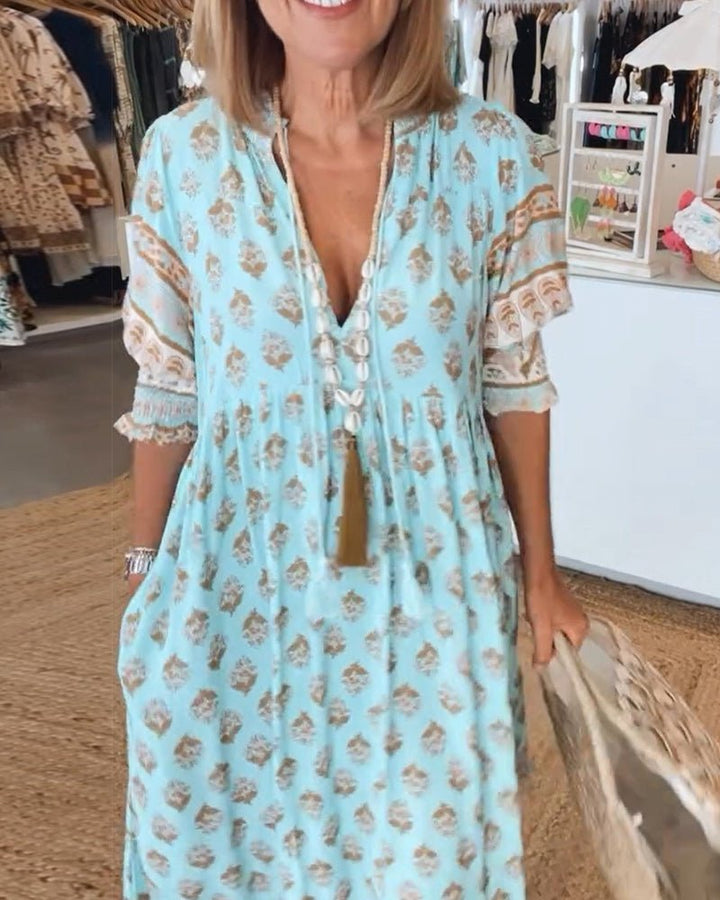 MANA | ELEGANT V-NECK FLORAL MIDI DRESS