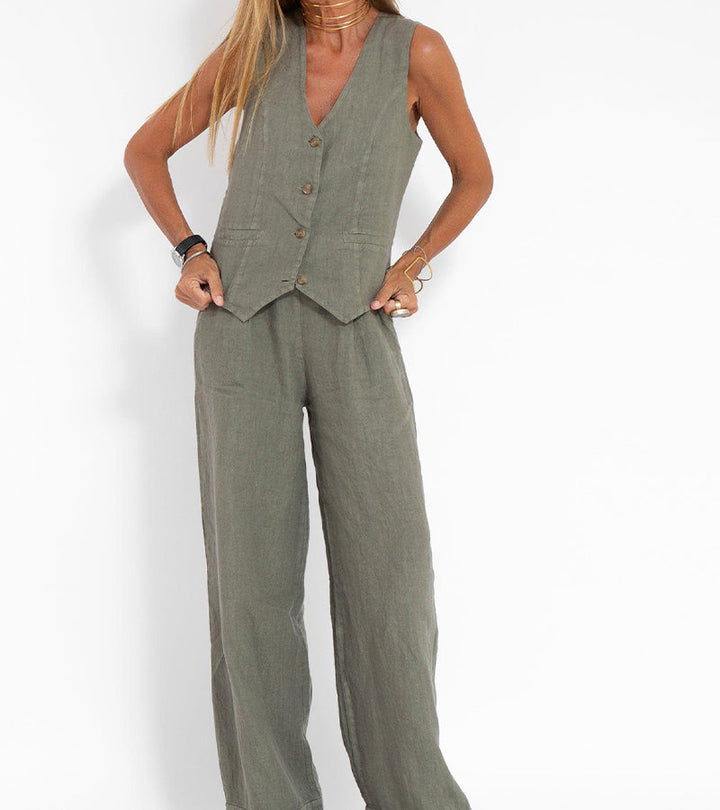 Aira - Tailored Waistcoat with Button Detail & Wide-Leg Trousers