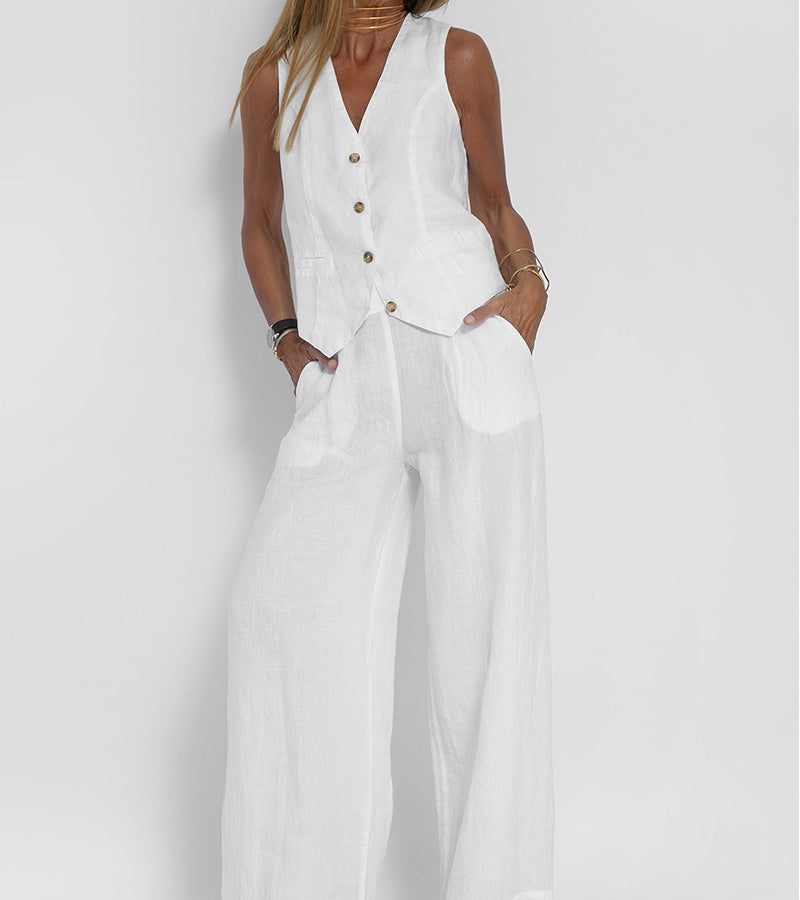 Aira - Tailored Waistcoat with Button Detail & Wide-Leg Trousers