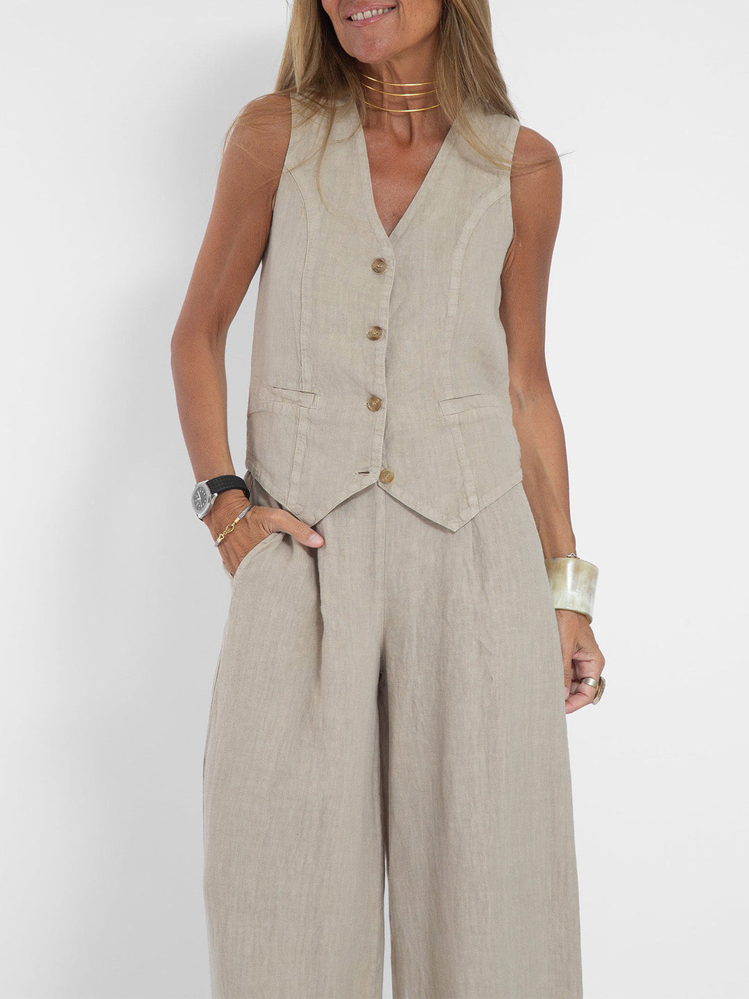Aira - Tailored Waistcoat with Button Detail & Wide-Leg Trousers