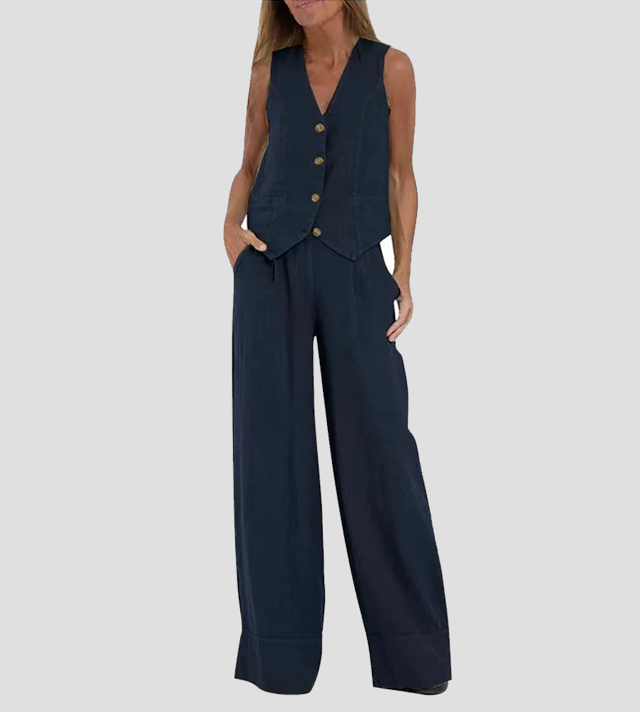 Aira - Tailored Waistcoat with Button Detail & Wide-Leg Trousers
