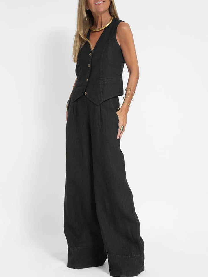 Aira - Tailored Waistcoat with Button Detail & Wide-Leg Trousers