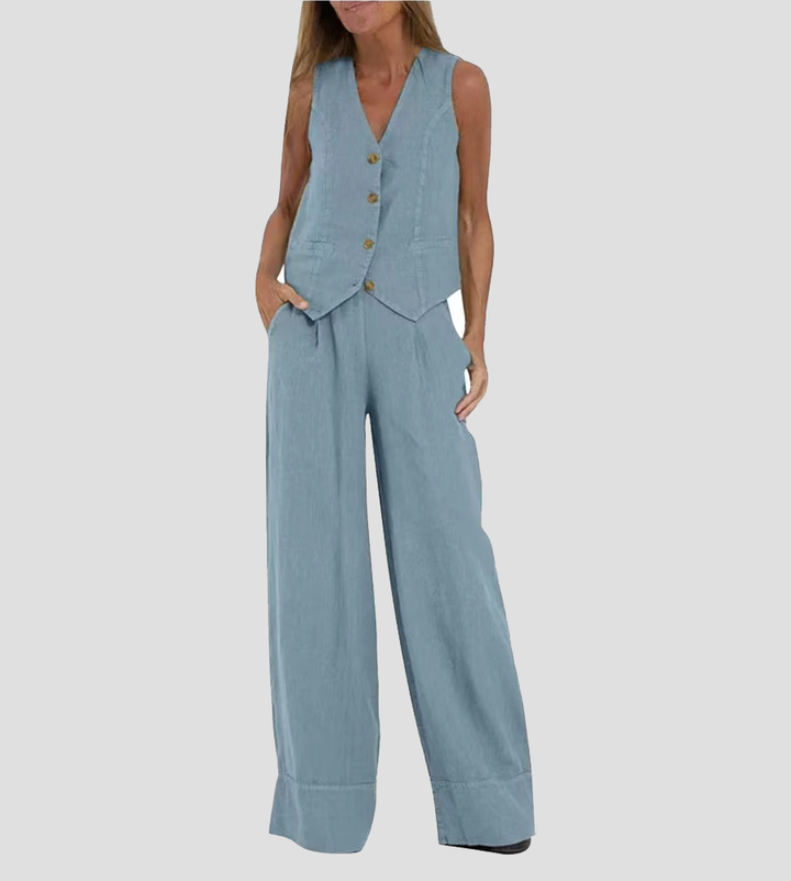 Aira - Tailored Waistcoat with Button Detail & Wide-Leg Trousers