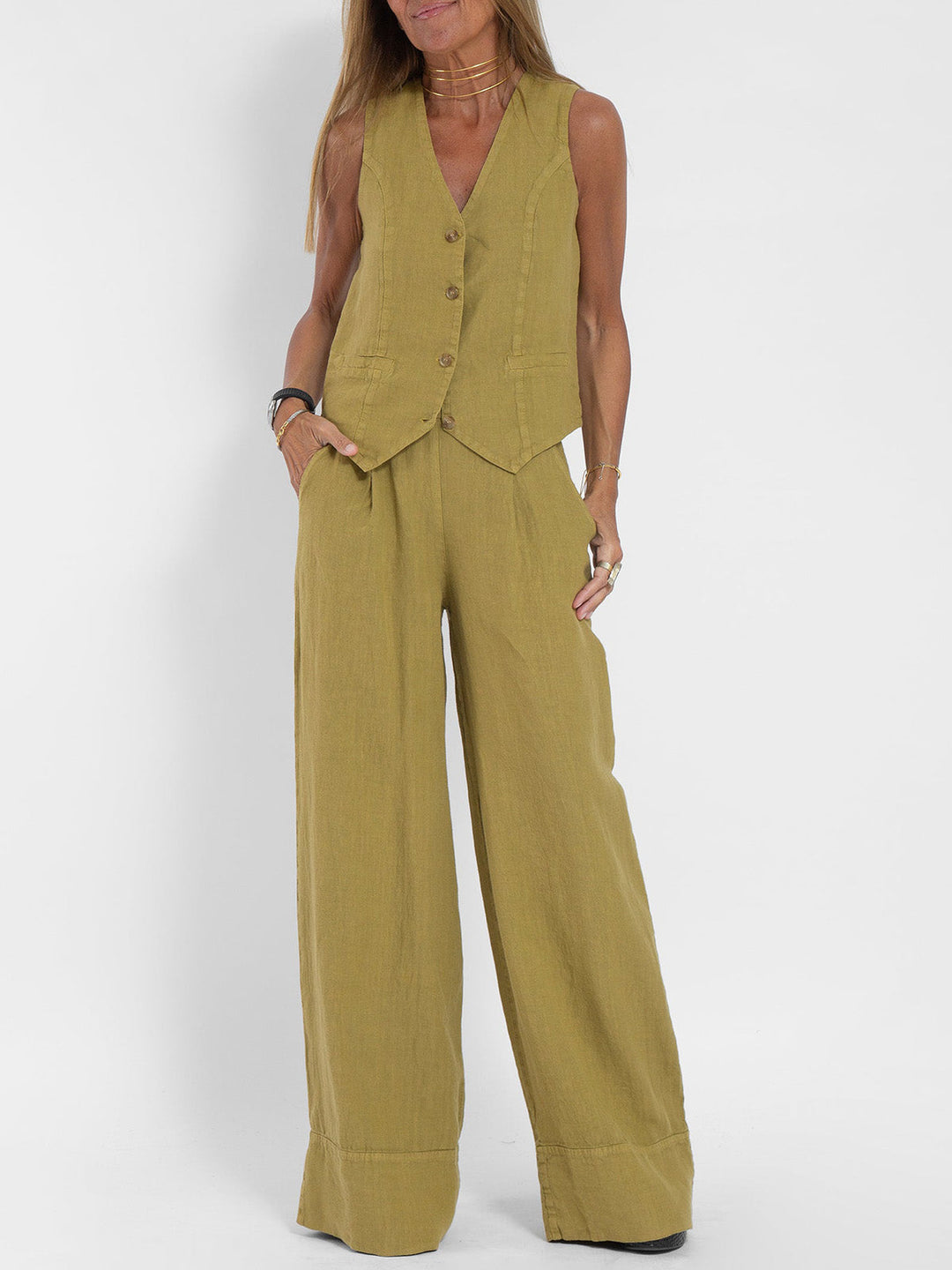 Aira - Tailored Waistcoat with Button Detail & Wide-Leg Trousers