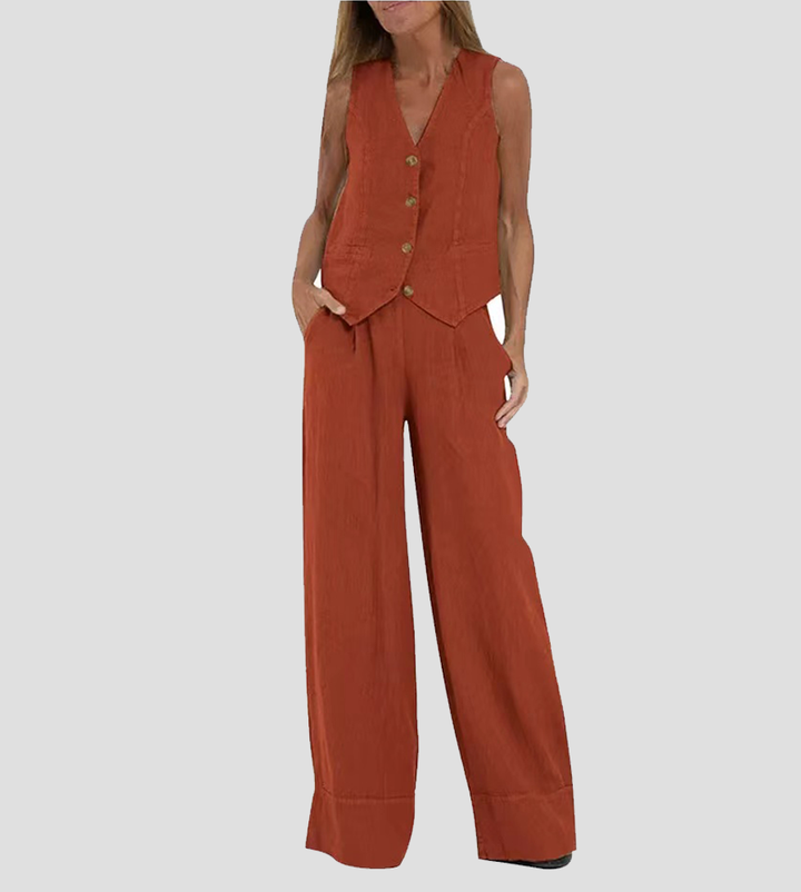 Aira - Tailored Waistcoat with Button Detail & Wide-Leg Trousers